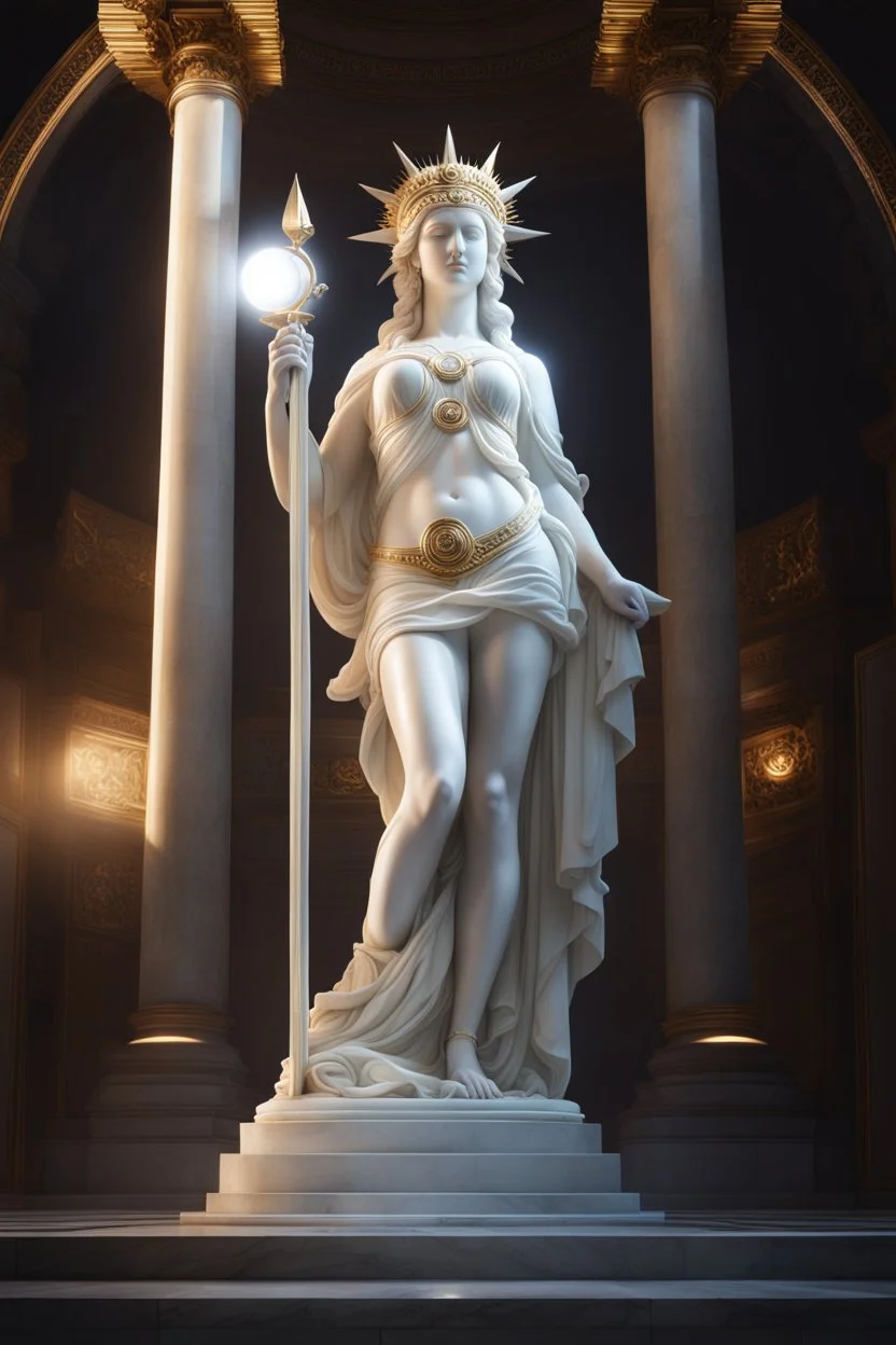 highly detailed marble and jade statue on a plint of the roman goddess of the sun. sun halo around head. face of a model. beautiful legs. beautiful feet. big bosom. full body shot, volumetric fog, Hyperrealism, breathtaking, ultra realistic, unreal engine, ultra detailed, cyber background, Hyperrealism, cinematic lighting, highly detailed, breathtaking, stunning temple environment