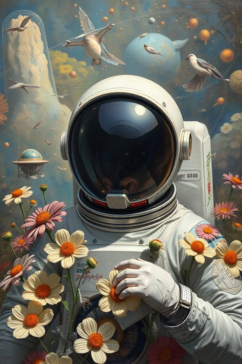 Bosch painting style, an astronaut surrounded by flowers around him as protector