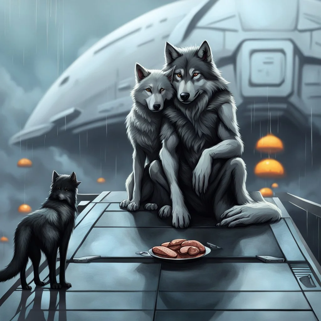 digital art front in picture an of little dark dog like creature stands and looking an anthropomorphic wolf couple sitting on the spaceship's ramp close together, the pale gray female wolf sits behind stong male wolf and puts one paw on the dark gray wolfman's shoulder, raini day, on ramp a little piece of meat lies down, high contrast, high detalied, high realistic, in background detail of a spaceship is visible. Rain, The atmosphere is a seamless blend of sci-fi and dark fantasy mood, digita