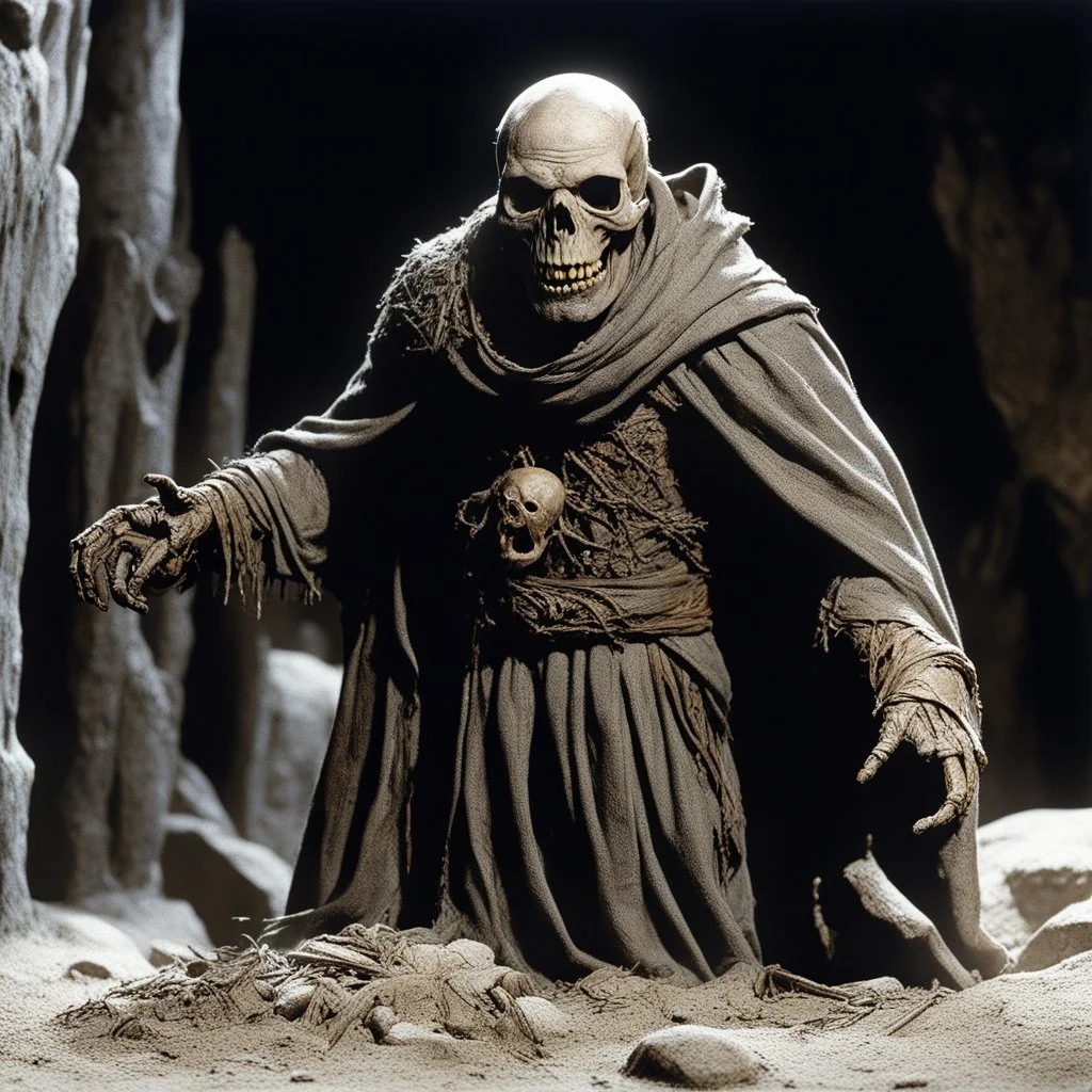 [high res photo by Ray Harryhausen] The thing moves again, emerging fully from the shadows. It is a wight—a walking corpse of immense size, its body wrapped in the tattered remains of priestly robes, gray with age and decay. The cloth flutters as it moves, revealing glimpses of bone beneath. Its head is a featureless skull with glowing blue light where the eyes should be, casting a faint azure radiance over the snow. As it drags itself forward, its joints grind audibly, the sound like stone grin