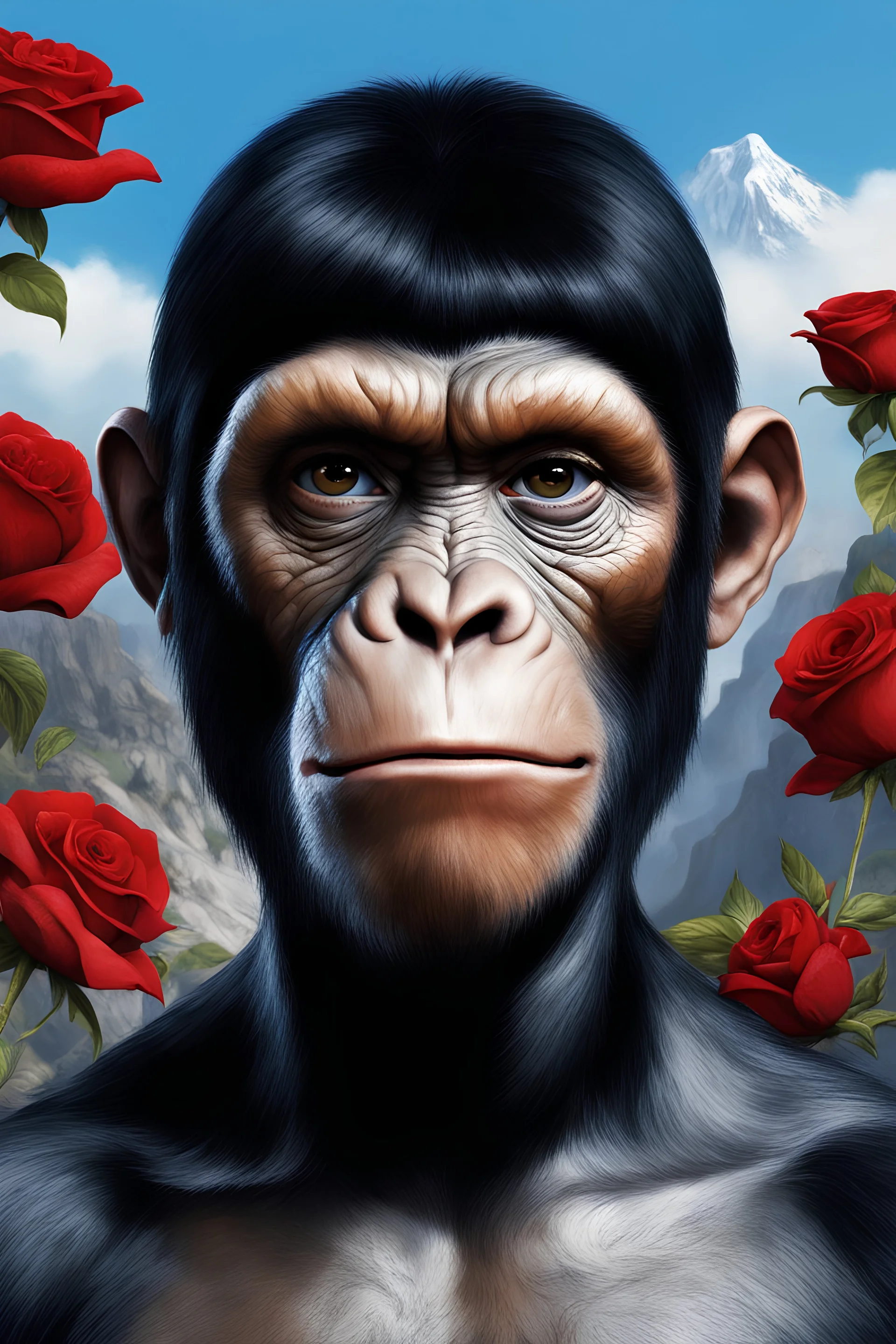 Horror of the Planet of the Apes - black hair, Deep Blue Eyes - head and shoulders portrait - Lenna, part chimpanzee, part human, short, bowl-cut, straight black hair, the bangs cut straight across the forehead, she resembles a Zira from the Planet of the Apes, and she resembles Spock - Mountains, blue skies, clouds, red roses, blue roses, yellow roses, honeysuckle roses, carnations, lilacs, oil painting by Frank Frazetta