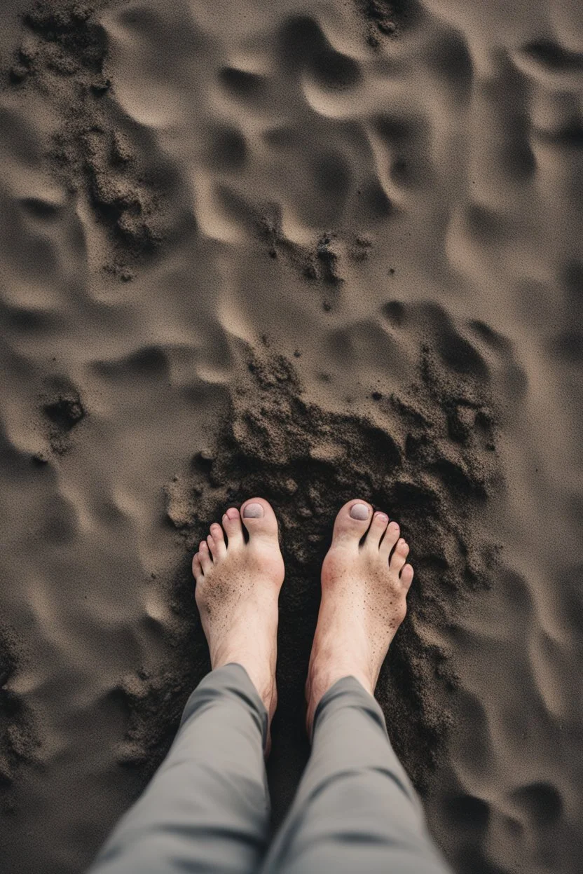 A toes looks dirty filled on the grey dark. Sands and dirt on a sands ground, view from the top