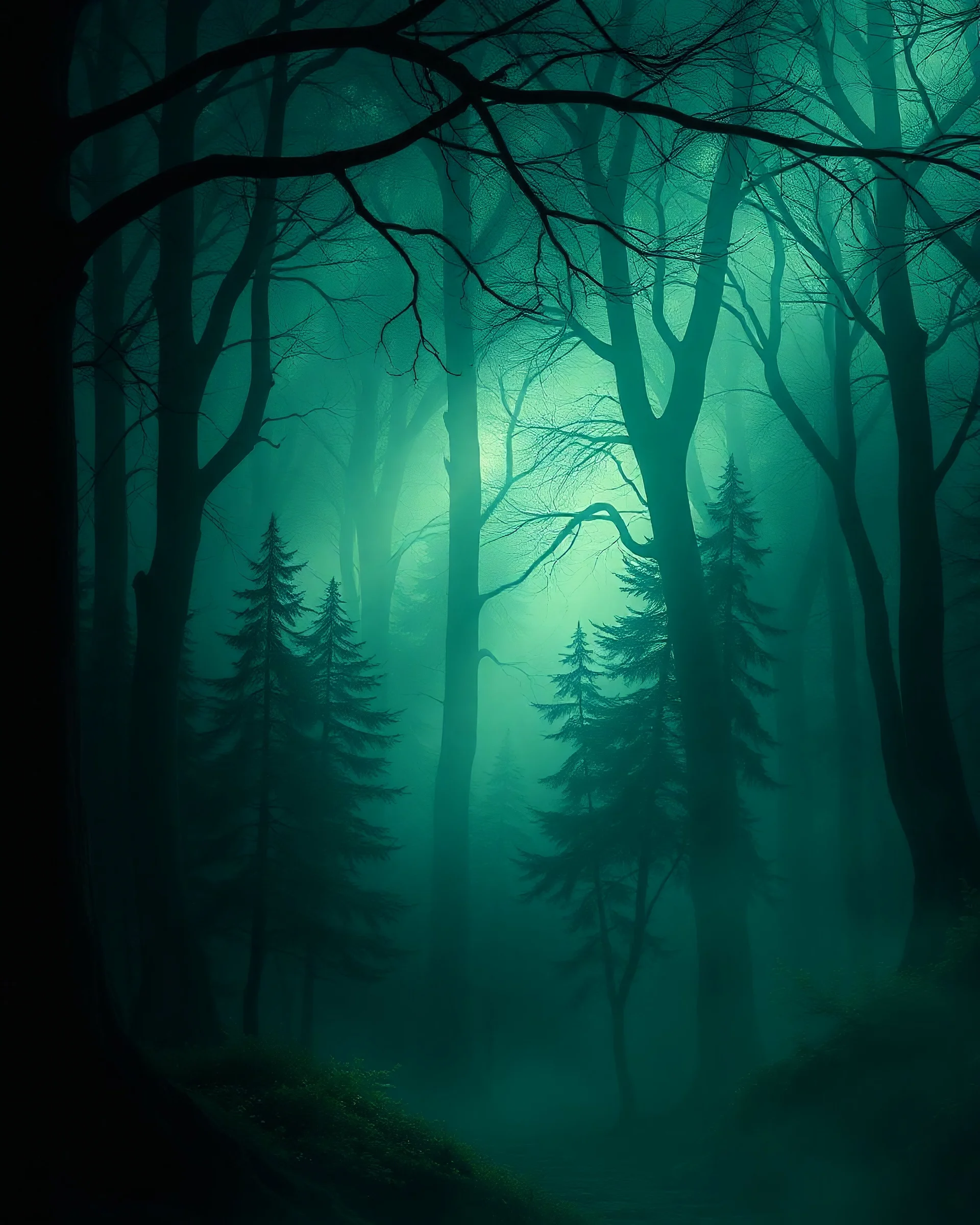 make a medieval background, forest, dark, light, green, magical, shadows.