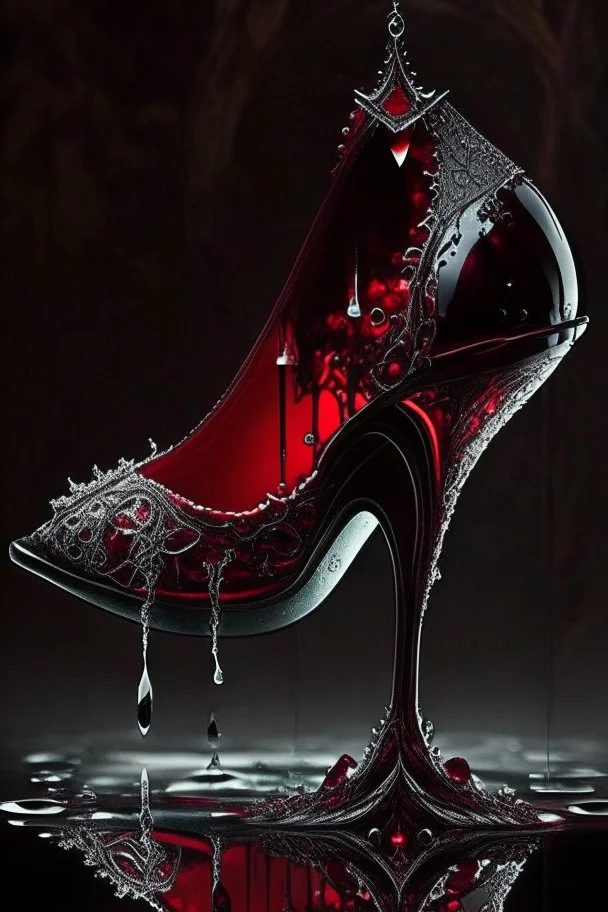 dark fantasy, intricate cover, a whimsical fairytale, shoe made of glass with a single drop of blood running over its side