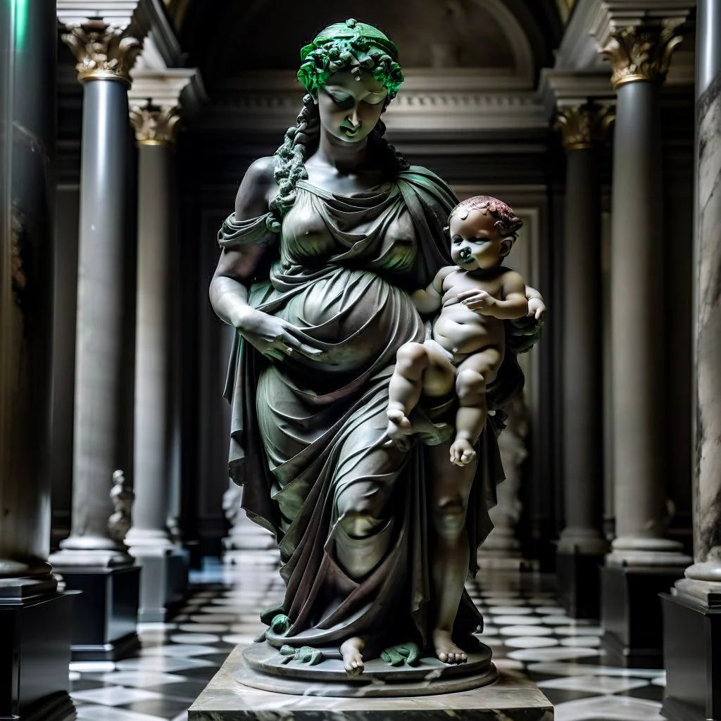 A large black marble statue of a woman holding a baby in her arms, standing among the remains of fallen columns of a Corinthian temple, a very detailed sculpture