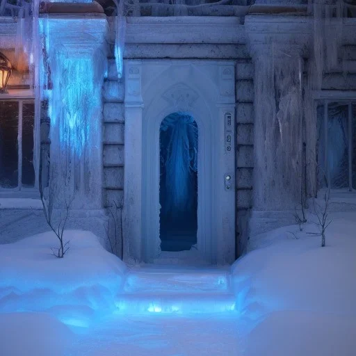 ethereal winter flowers, carved ice door at the end of ice steps, magical atmosphere, Beardsley, Unreal render, cinematic blue --aspect 9:16 --s 2500