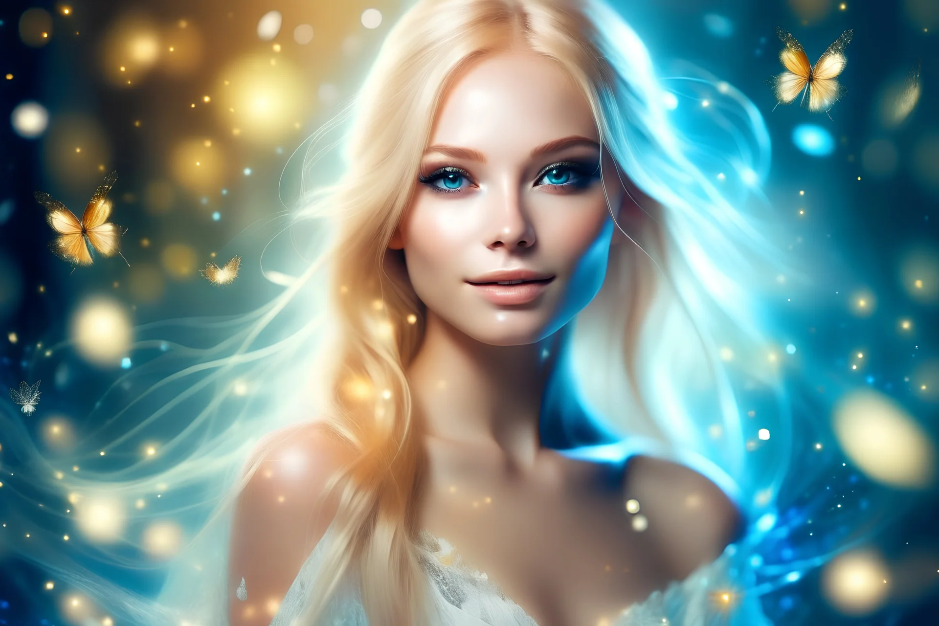très belle femme-fée cosmique, ailes transparentes, visage doux très beau, cheveux blonds longs, gracieux et doux sourire, bijoux magnifiques, boucles d'oreille dorées, grand ciel bleu, lumières, lucioles, papillons brillants, étincelles de lumière, ambiance douce et féerique