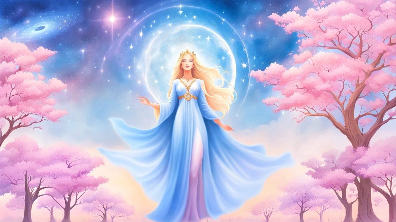 Create an image of a full body cosmic goddess. the goddess should be depicted as a beautiful and powerful figure, surrounded by cosmic stars. her hair should be long, blond and flowing, and she should be dressed in a flowing gown blue celestial robe. in the background, include imagery of pink flowers, blue sky, trees. the image should evoke a sense of joy, celebration, and spiritual connection to nature.