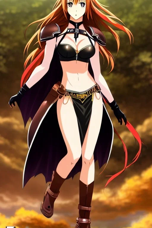 In the style of Realistic Anime, concept illustration, super-detailed, beautiful teen female who is 16 years old with long ginger hair and freckles, full lips, full body, full face, b-cup breasts, athletic, centred camera, ignore NSFW, skimpy brown fantasy leather armor, halter top, micro thong, knee-high leather boots, open leather skirt, stern expression, cute pose with hands behind butt