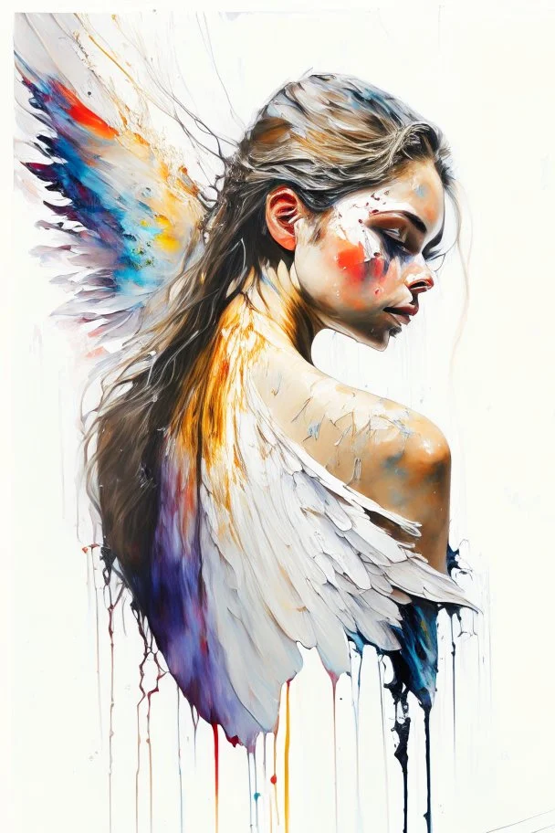 A detailed illustration of a beautiful young female human with growing out of her back. Her skin, hair and face are all made of paint. Her wings are spread. Front view. Highly detailed flawless facial features and eyes. Abstract Oil painting splash art. White background, wide angle, abstract design, beautiful, thick flowing paint strokes, dripping paint, fantasy art, modern art, ((soft happy complimentary colors,)) modern aesthetic, focused on the character, 4K resolution.