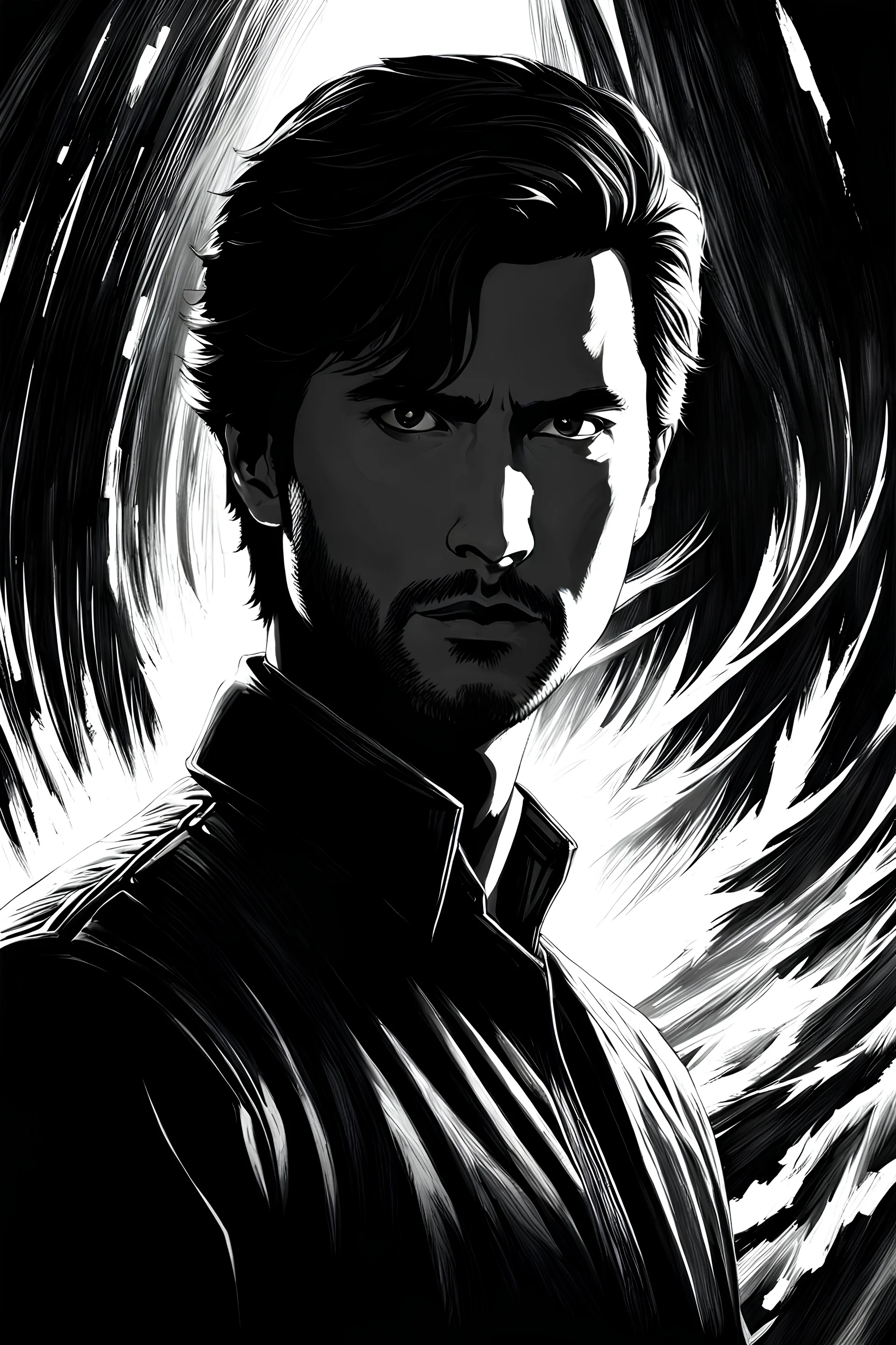 Alan Wake 2, Show me the champion of light, negative black, white, and gray Speedpaint with large brush strokes, by Junji Ito