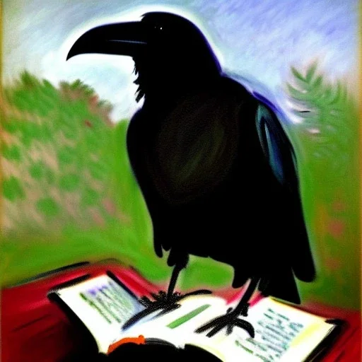 oil portrait of a Raven reading a book by Monet 8k