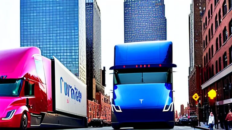 A Tesla semi-truck is racing at top speed, on the South Street Seaport, in New York. CINEMATIC. WIDE ANGLE LENS. PHOTO REAL.