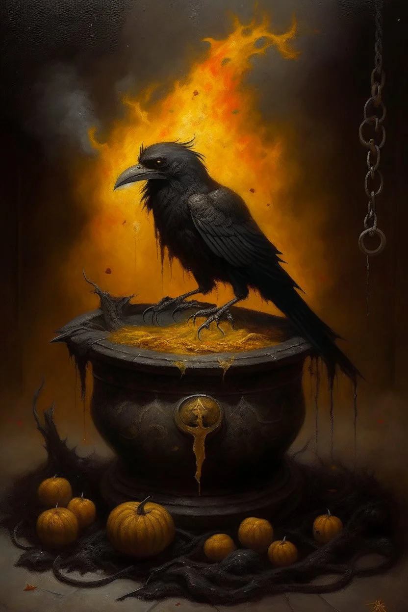 Living cauldron with yellow sigil, slightly demonic golem crow bat in it, prize winning oil painting