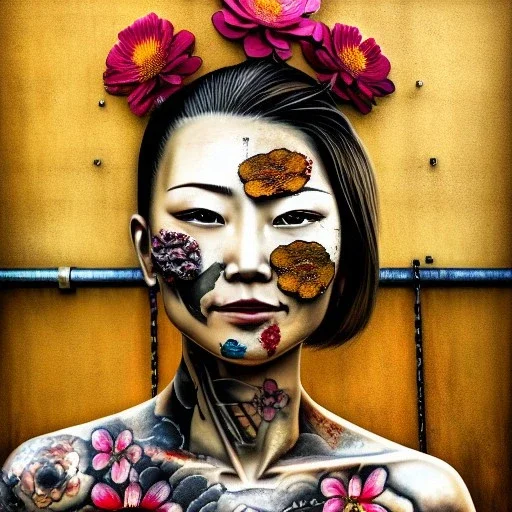 an abstract painting of rusted metal and flowers, beautiful smiling Yakuza Woman portrait, with japanese realistic tattoes, realistic,rust, scaffolding, iron cladding, decay, mixed media, textured, anatomically correct, beautiful perfect face, sharp focus, highly detailed by Johannes Vermeer 8k