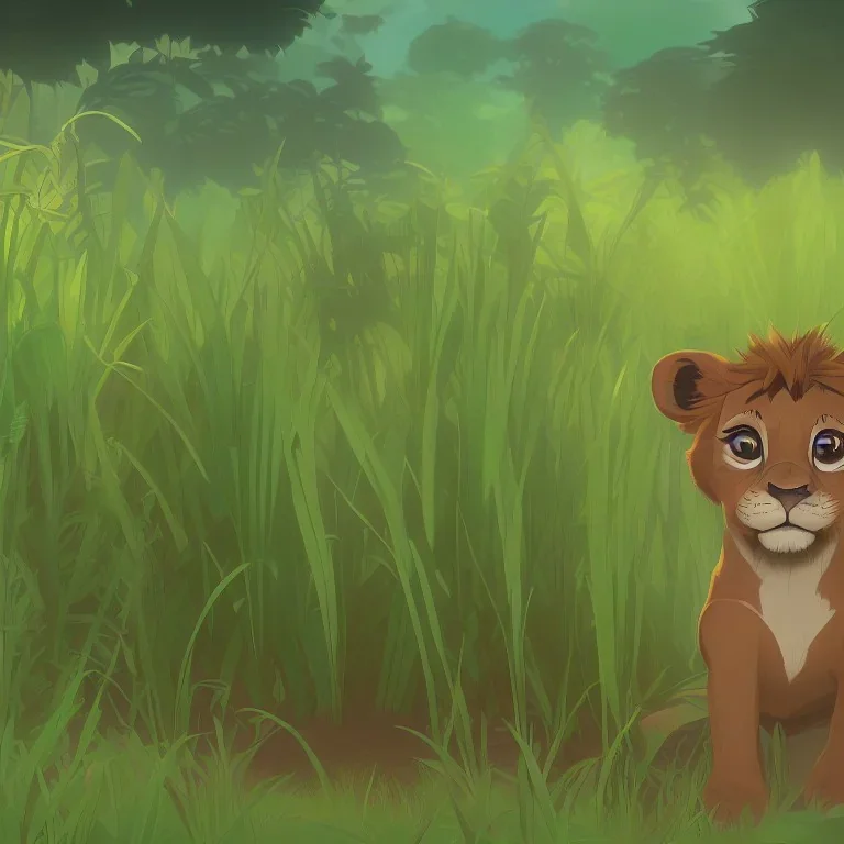 picture for children's book showing a cute baby lion behind tall grass in the jungle.