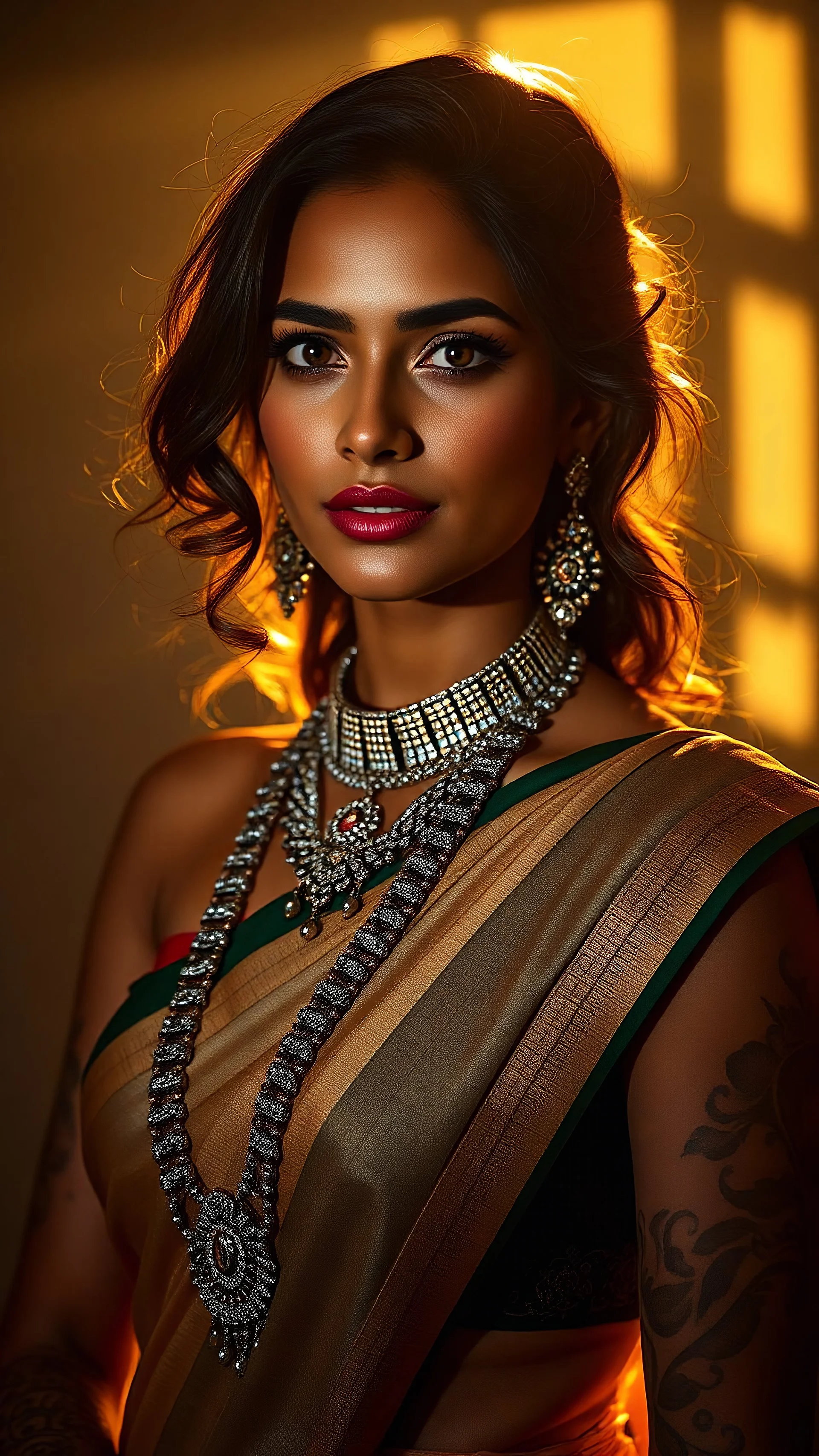 A stunningly elegant Indian supermodel, adorned in a designer saree and an extra-long necklace, her skin glowing in the golden hour light. Henna tattoos decorate her skin, casting shadows and rays that enhance her beauty. This evocative image captures her radiance and grace in a photograph. Her dusky complexion is enhanced by the play of light and shadow, creating a mesmerizing effect. The impeccable quality of the image highlights the model's striking features and the intricate details of her a