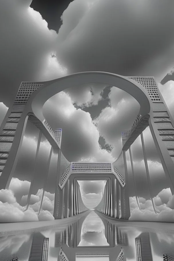 an idea is created of a bridge which has white clouds, in the style of futuristic digital art, grid formations, hall of mirrors, black and gray, photorealistic fantasies, multilayered dimensions, frontal perspective