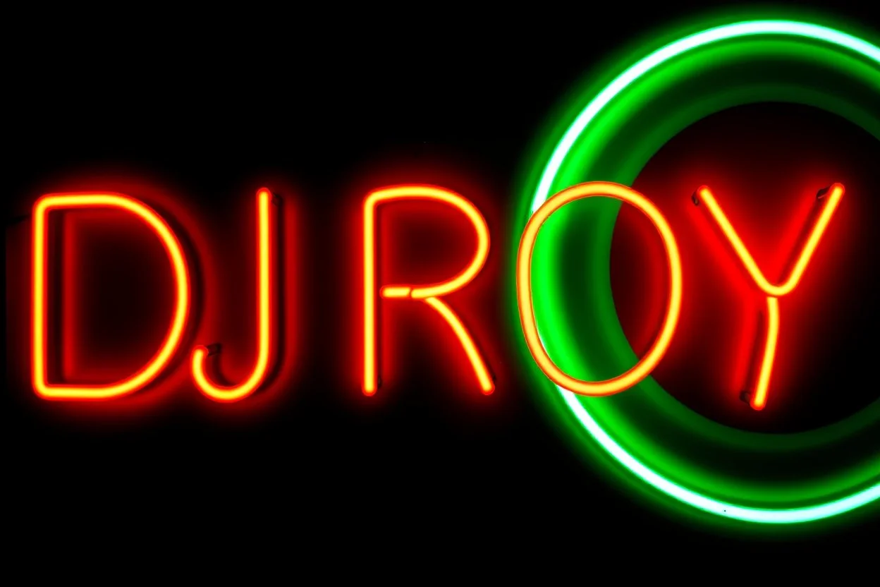A simple neon sign labeled "DJ ROY" black background