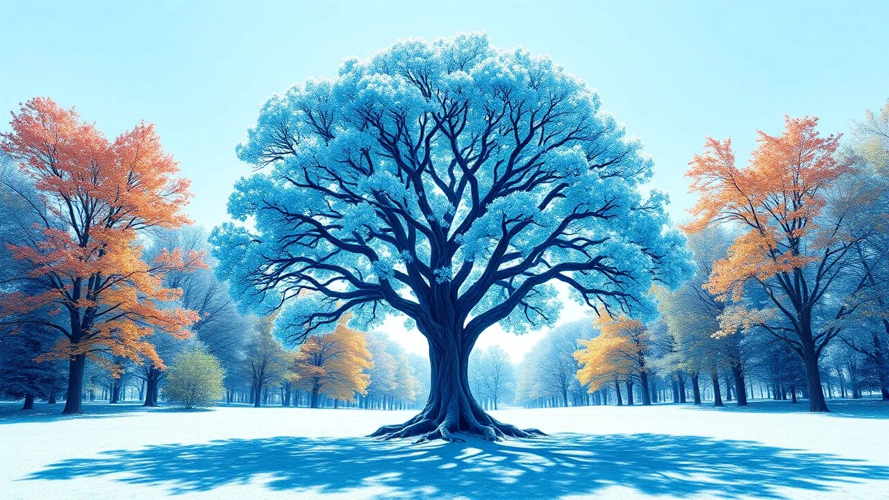 A tree of life in the center with abundant foliage along with views of all seasons, spring, summer, fall, and winter, in a special, eye-catching blue color theme.