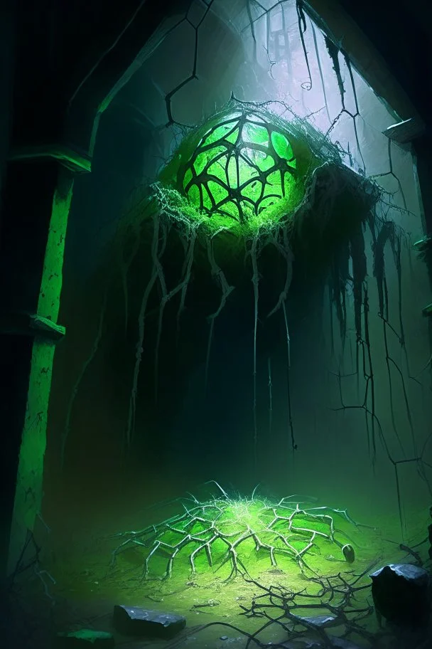 Abandoned spider lair filled with tiny spiders with green glowing eggs and tangled webs in ruined castle rpg art painterly