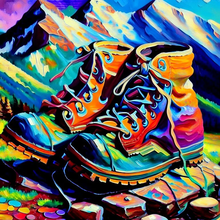 moutain shoes , art, oil colors, bright,