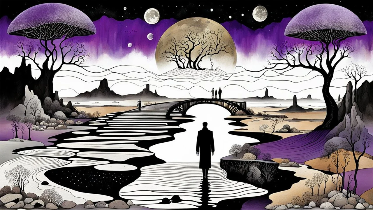 inner world , atypical world, in midle an alone human figure stands on the thin bridge with a big map his hands , weird whimsical landscape, forest, and Sahara water and rocks,, around surreal cracked painted weird land with some black doors. dark purple, gray, black, white, brown. Whimsical style of Chagall , of Minjae Lee and René Magritte, lonely face with absurd beauty. broken, weird bizarre absurd nightmare, labirynth, dark vision, neuron network background, surreal vibe, stunning absurd