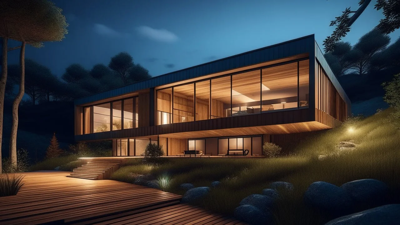 A modern, minimalist house with a wooden exterior and large windows overlooking a natural landscape at night