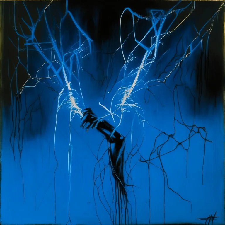 Minimal abstract oil painting of a tyler durden limbs sinew twisted . Background of bright blue with random words. hanging wires illuminated at night. In the style of Justin Mortimer and Phil Hale and Ashley Wood