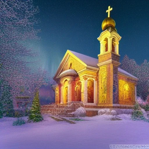 Greek Orthodox Church decorated with intricate stone carvings on a snowy night, golden crosses on tops, pink light inside, many different color northern lights,Aurora Borealis and Full Moon over Mountains, 10 second long exposure highly detailed ultra reallistic oil on canvas cinematic lighting colourful Jacek Yerka Thomas Kinkade Caspar David Friedrich long exposure good atmosphere