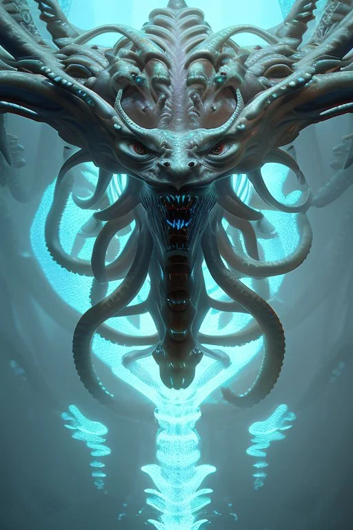 Ocean demon, Unreal Engine 5, highly detailed, highest quality, digital painting, complex 3d render, unreal engine render, insane detail, intricate photograph quality, magnificent, majestic, highly intricate, Realistic photography, glowing silhouette, cybernetic clarity, perception