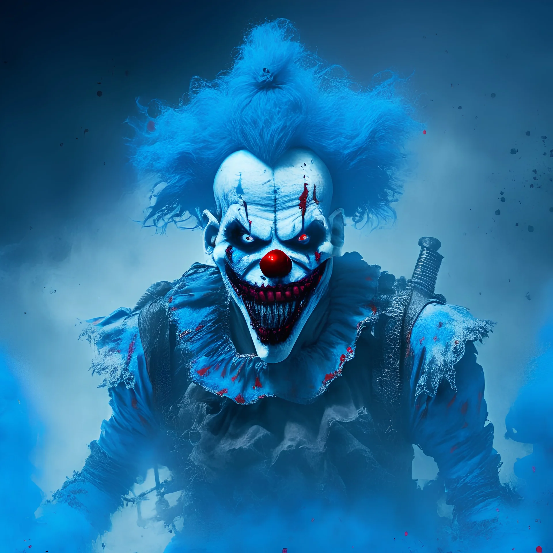 a ghost clown from hell in the battlefield with blue background