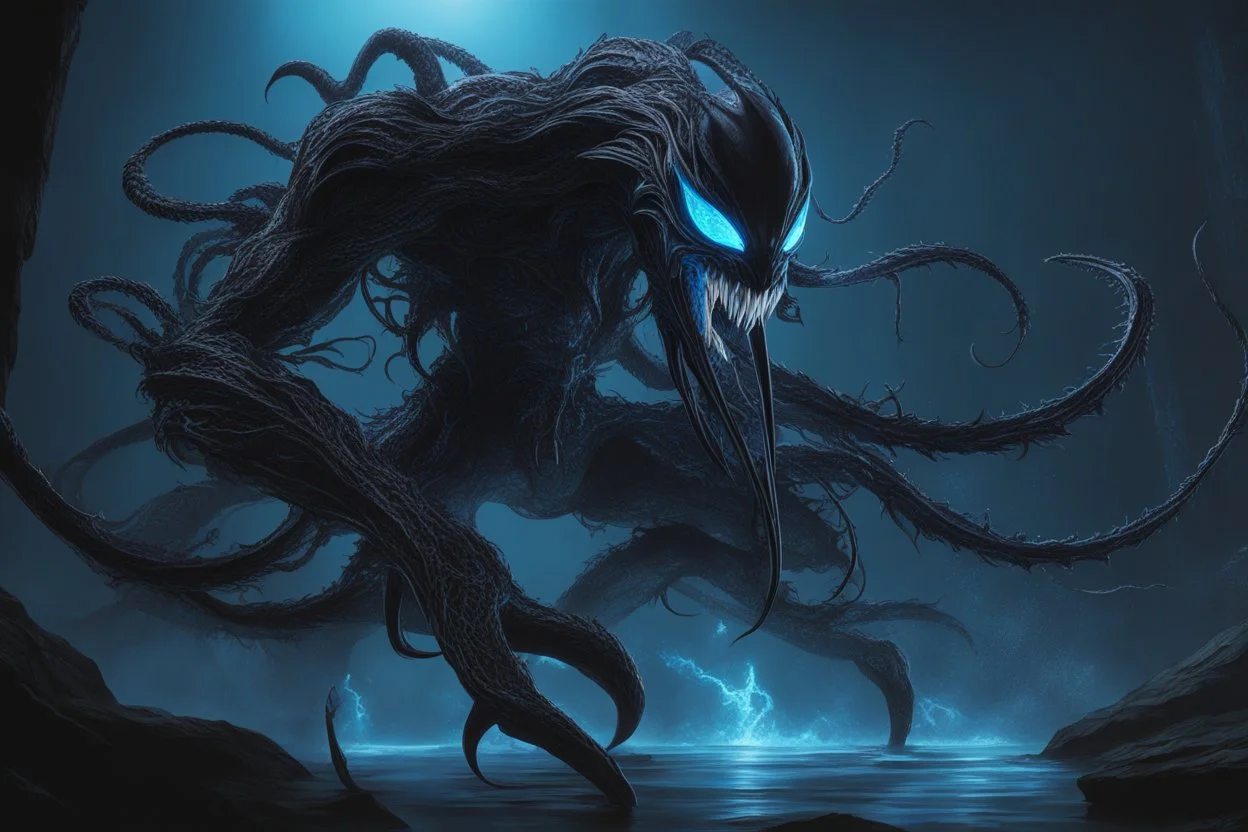 Huge symbiote in 8k solo leveling shadow drawing, Cthulhu model, neon blue lights, Chaos sea, intricate details, highly detailed, high details, detailed portrait, masterpiece,ultra detailed, ultra quality