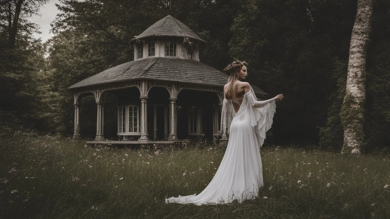 slim nymph dancing in a woodland clearing, with a gothic woodland house behind her.