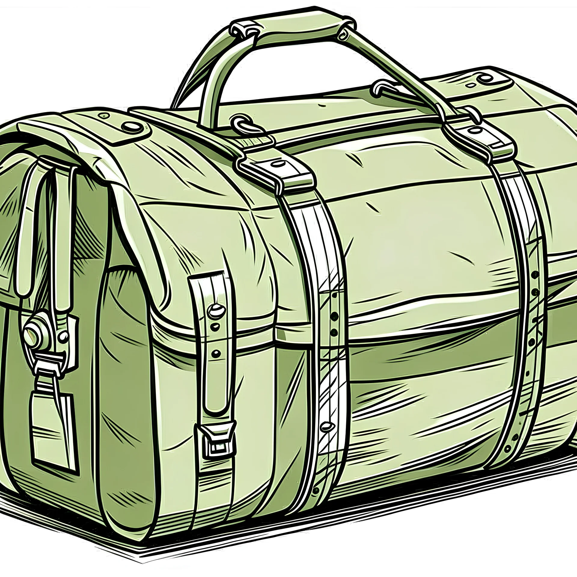 military green duffle bag, in a comic book style, illustration, white background,