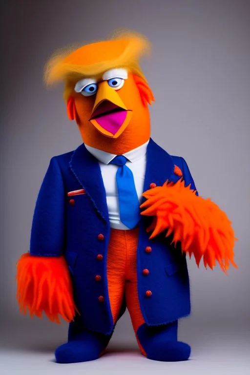 a Film Photograph of an orange Donald Trump Muppet made of felt and fur wearing a dark blue suit and red tie