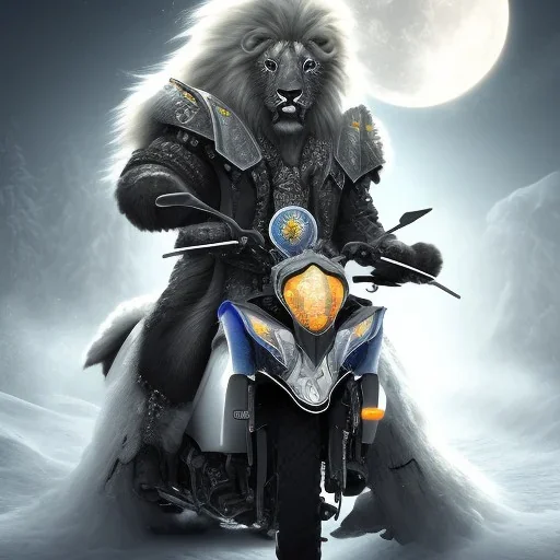 Snow place, half human mixed with black Lion hybrid ride on a black motorcycle