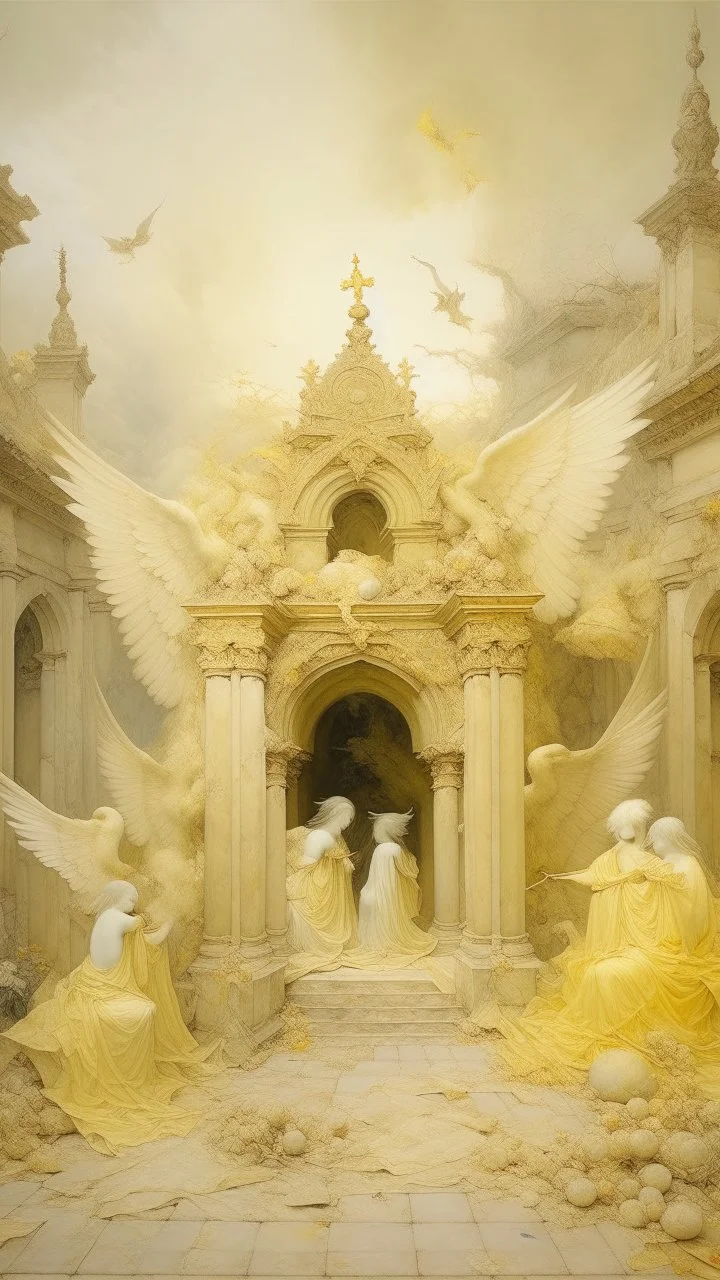 A light yellow heavenly ruins with angels painted by Cai Jia