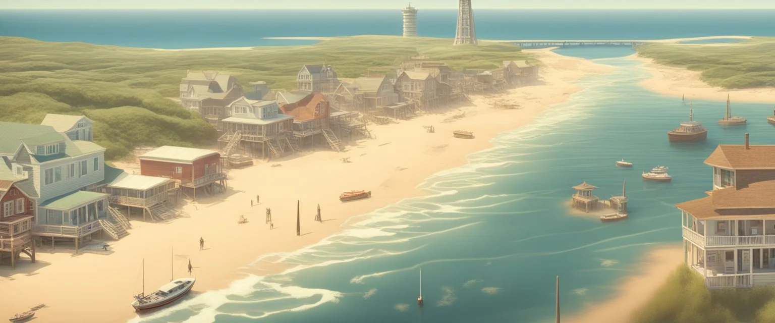 Netflix's Outer Banks, with elements of new york landscape and a Blackpool tower, Miami scenery, and Wild west aspects, with boats, also elements of devon, in one giant land, realistic, drone shot, background. Scenery.