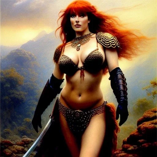 Drawing of beautiful face,busty Red Sonja on black horse,intense stare,minimal ancient armor, balanciaga fashion clothe painting by gaston bussiere, greg rutkowski, yoji shinkawa, yoshitaka amano, tsutomu nihei, donato giancola, tim hildebrandt, oil on canvas, cinematic composition, extreme detail,fit full head inside picture,16k