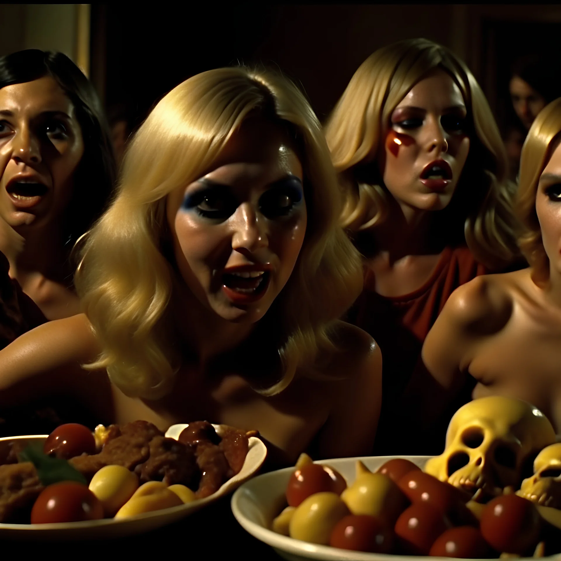 Horror movie shot, hot, ultra realistic, dine, horns, ultra chaos, realistic hot blonde women, party, pieces of meat, organs, hot dynamic, very excited people, hypermaximalist figures, light, 1970's Italian horror movie, sinister,, Dario Argento, Stanley Kubrik, ornate, 4k, photorealism