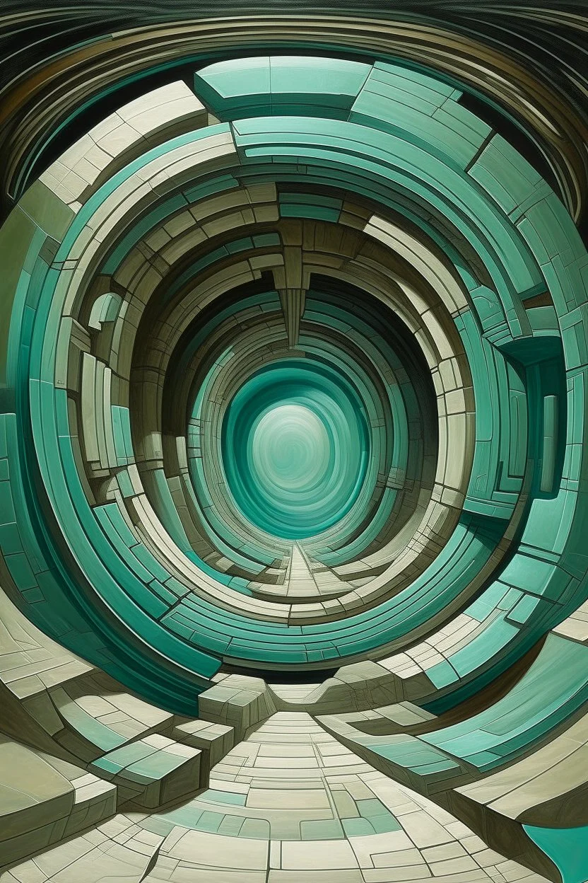 A grayish teal distorted realm with a portal painted by Frank Lloyd Wright