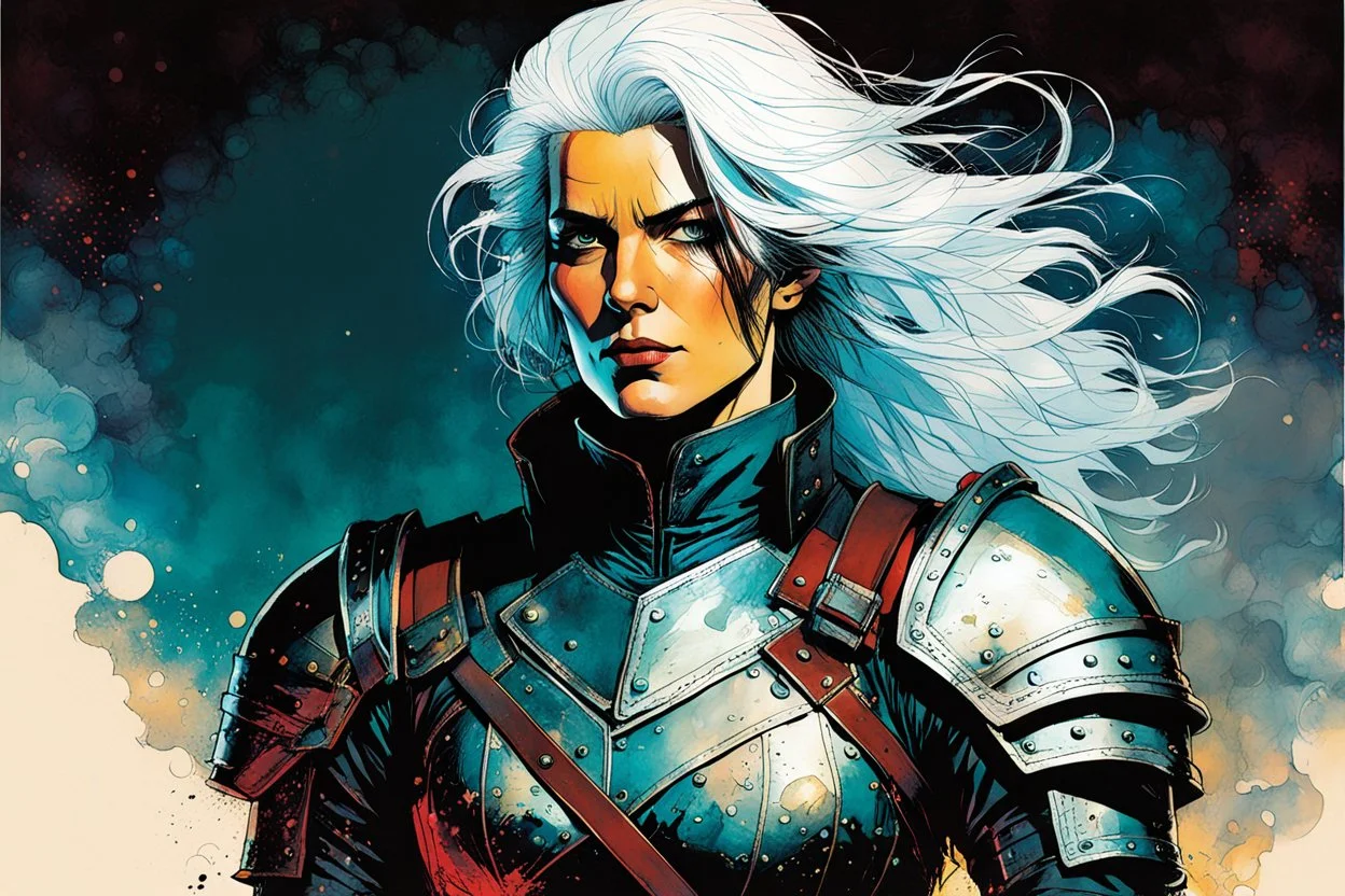 create an imaginative full body print illustration of an ethereal, otherworldly , ghost haired, female grandmaster Witcher in leather armor , in the comic book art style of Bill Sienkiewicz, Mike Mignola, and Jean Giraud Moebius, with highly detailed feminine facial features , finely drawn, colored and inked,