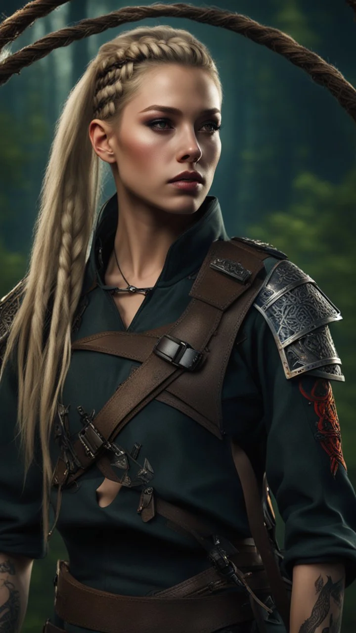 photorealistic hyperdetailed portait of an 18-year-old female as mercenary with long blonde and undercut hair with braids, tribal tattoos wearing modern mercenary uniform dark fantasy forest backdrop