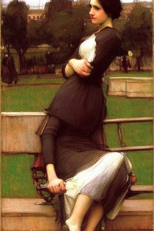 Woman sitting on a park bench. John William Waterhouse