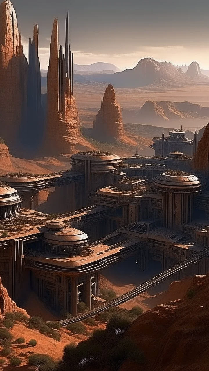 sci fi city, star wars inspired fortress, small city, canyon