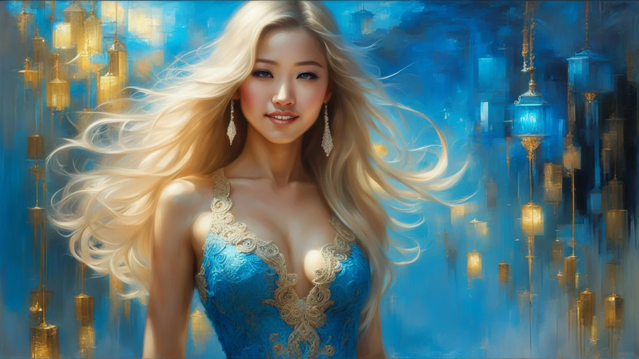 In Casey Baugh's evocative style, art of a gorgeous smiling asian goddess full body with long blonde hair, blue eyes , beautiful chest and long legs, futuristic, transparent blue lace, elegant, highly detailed, majestic, Baugh's brushwork infuses the painting with a unique combination of realism and abstraction, greg rutkowski, surreal gold filigree, broken glass, (masterpiece, sidelighting, finely detailed beautiful eyes: 1.2), hdr, realistic painting, natural skin, textured skin,