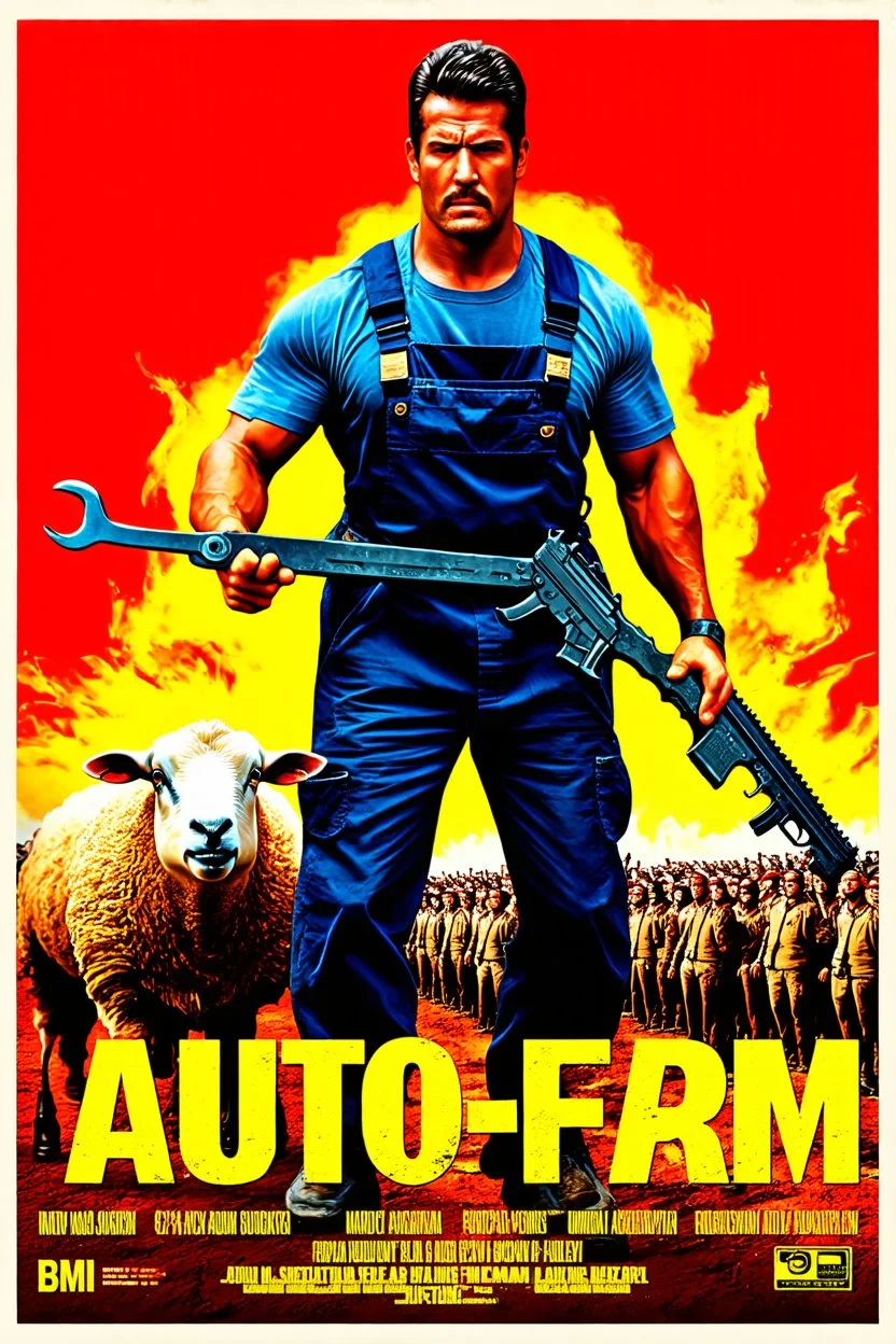 "Design a 90s-style action movie poster titled 'AUTOfarm.' Feature a heroic mechanic in the foreground, fiercely battling thousands of adversaries with a spanner. In the background, include a determined sheep wielding a machine gun. Capture the high-energy, gritty aesthetic of classic 90s action films, with intense and dynamic elements. Prominently display the subtitle 'BMI - BMI Suckin-p-p' in bold, impactful lettering."