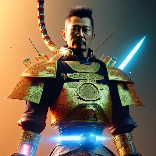 A portrait of a crystalised robot samurai with yakuza tatu, atmospheric, realistic, unreal engine cosmic galactic, cinematic lighting, octane render, random colors, transparent, cosmic ambiance, masterpiece, art by Yoji Shinkawa, composing fit inside, masterpiece