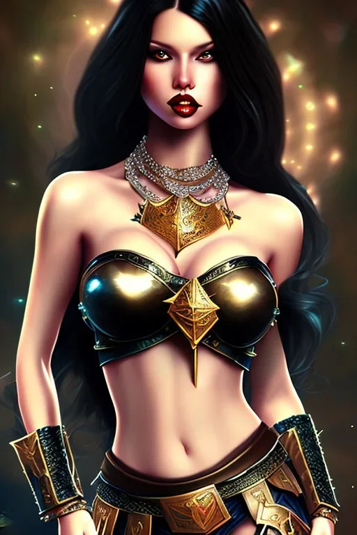 elf milf, black long hair, warrior princess, nacht, große oberweite, corsage, necklace, fantasy art